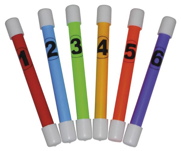 Bunte Kunststoffstäbe mit den Zahlen 1 bis 6, ideal für Lern- und Spielzwecke.