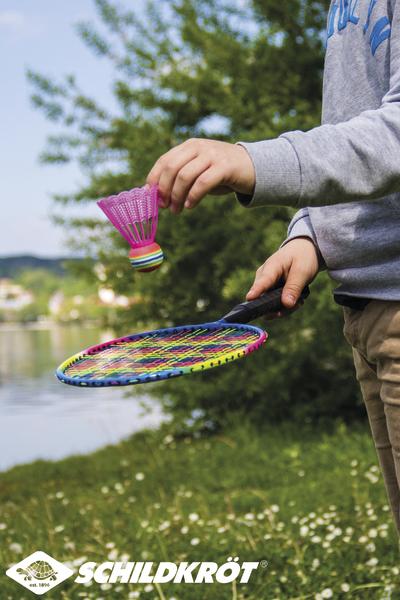 Badminton Schläger Set von Schildkröt mit bunten Federbällen, pinker Ball