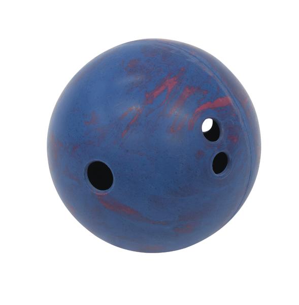 Blau-rot marmorierte Bowlingkugel mit drei Fingerlöchern auf weißem Hintergrund.