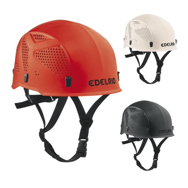 Kletterhelm in rot, weiß und schwarz Edelrid mit Belüftung und verstellbarem Kinnriemen