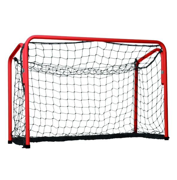 Kleines rotes Fußballtor mit schwarzem Netz, ideal für Kinder und Freizeitspiele.