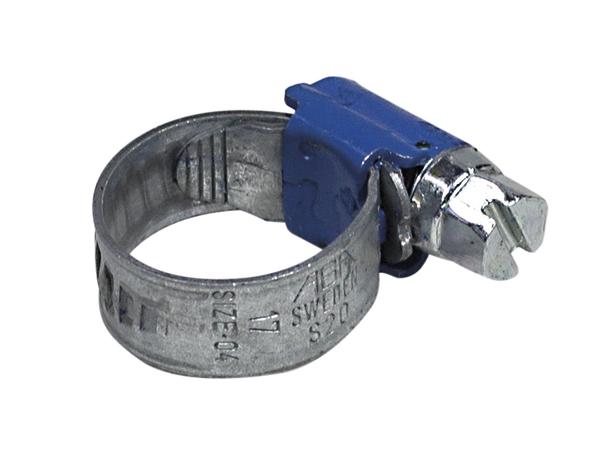 Schlauchschelle aus verzinktem Stahl mit Schraubverschluss und blauem Kunststoffschutz.