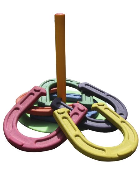 Buntes Hufeisen-Wurfspiel mit vier Hufeisen und einem Pfosten auf weißem Hintergrund.