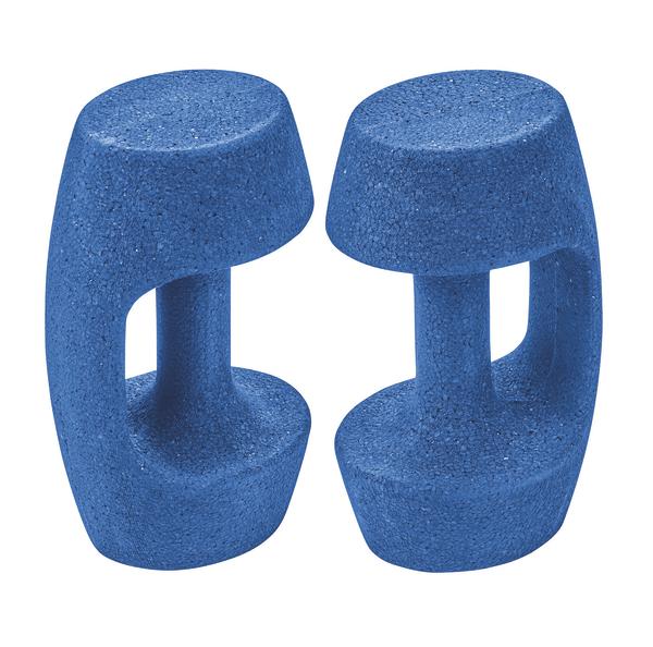 Paar blaue Hanteln aus Schaumstoff für leichtes Krafttraining und Rehabilitation.