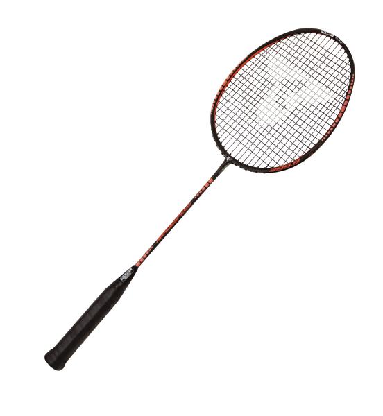 Badmintonschläger mit schwarzem Griff und rotem Rahmen auf weißem Hintergrund.