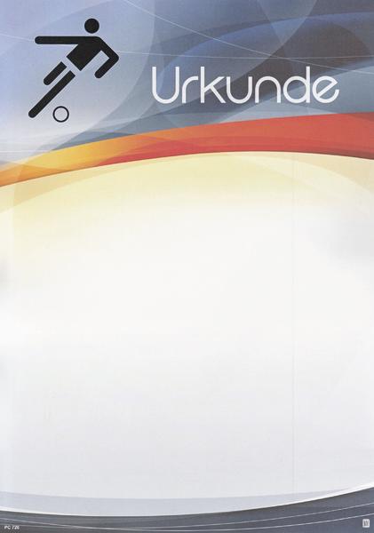 Leere Urkunde mit Fußballspieler-Symbol und farbigen Wellen im Hintergrund.