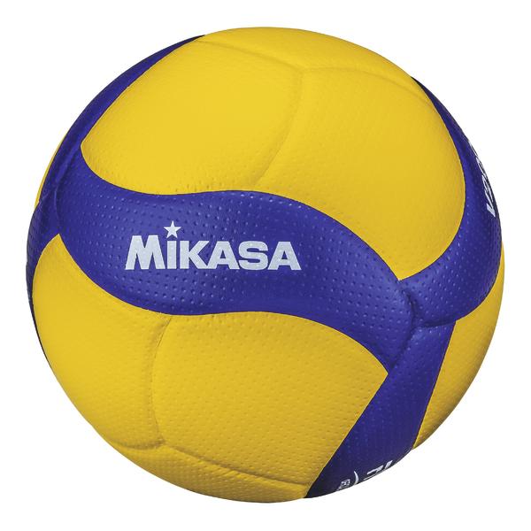 Gelb-blauer Mikasa Volleyball mit strukturiertem Oberflächenmuster auf weißem Hintergrund.