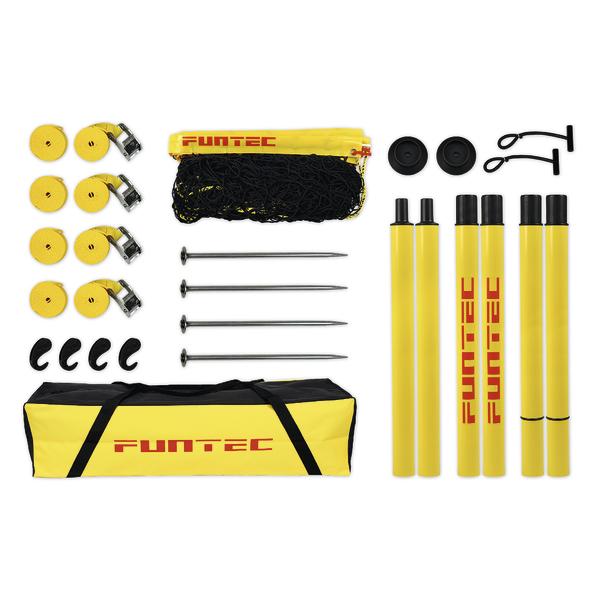 Komplettes gelbes Volleyballnetz-Set mit Pfosten, Netz, Spannbändern und Tragetasche.