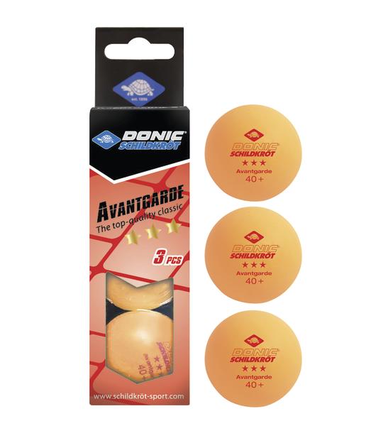 Drei orange DONIC Schildkröt Avantgarde 40+ Tischtennisbälle mit Verpackung.