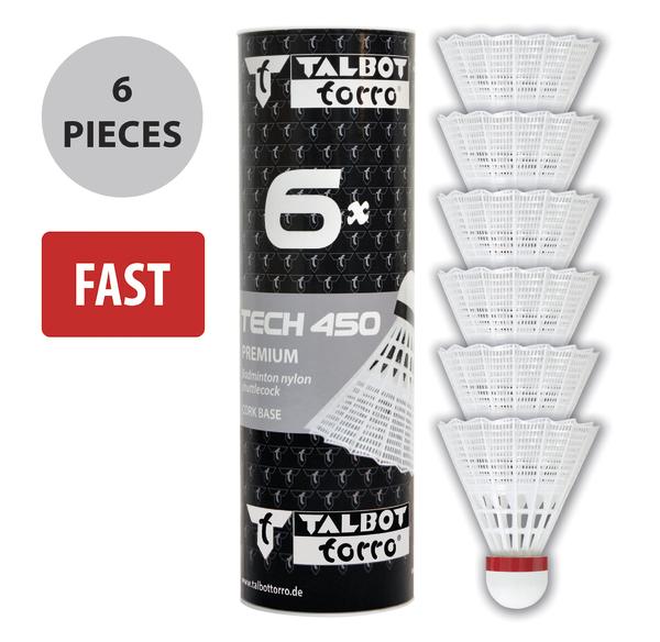 Sechs weiße Nylon-Badmintonbälle Talbot Torro Tech 450 mit Korkbasis in Verpackung.