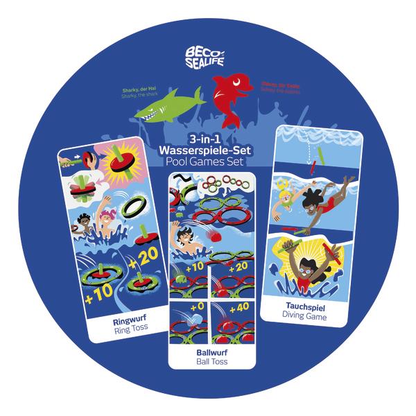 3-in-1 Wasserspiele-Set mit Ringwurf, Ballwurf und Tauchspiel für den Pool.