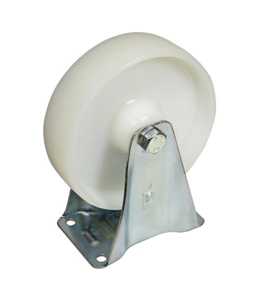 Weißes Lenkrollenrad aus Kunststoff mit Metallhalterung und Befestigungslöchern.