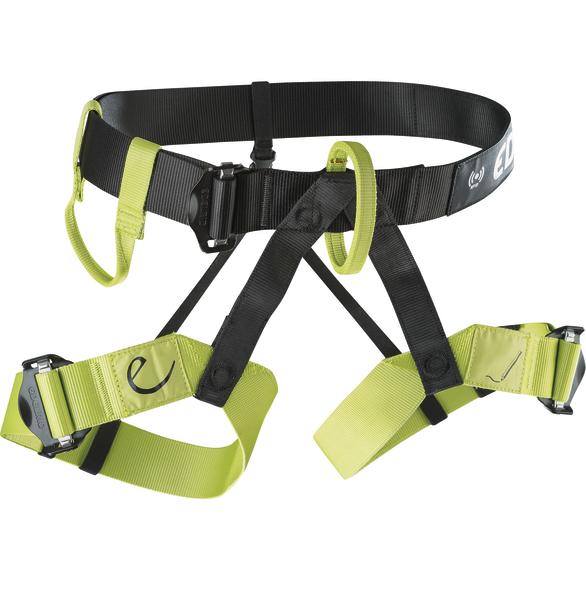 Klettergurt mit verstellbaren Beinschlaufen und Sicherheitsverschluss in Schwarz und Grün.