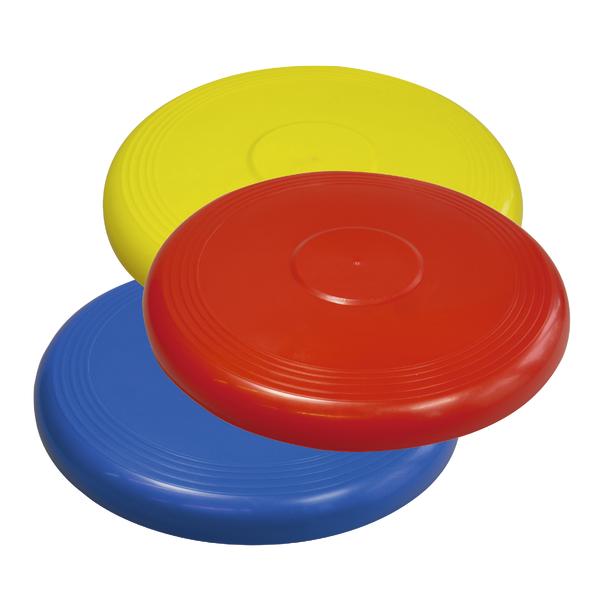 Bunte Kunststoff-Frisbees in Rot, Gelb und Blau, ideal für Outdoor-Spiele.