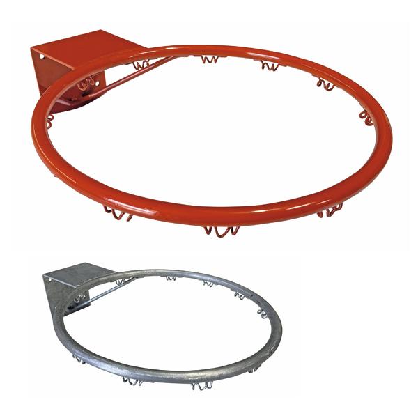 Zwei Basketballringe im Vergleich: oben ein rot lackierter Ring, unten ein verzinkter Metallring, jeweils mit Netzaufhängungen und Montageplatte.