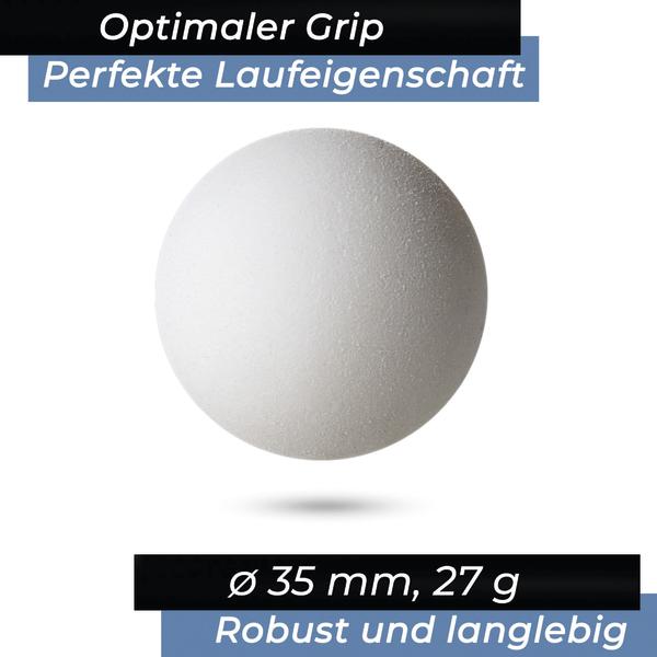 Weißer Kickerball mit strukturierter Oberfläche und Maßangaben