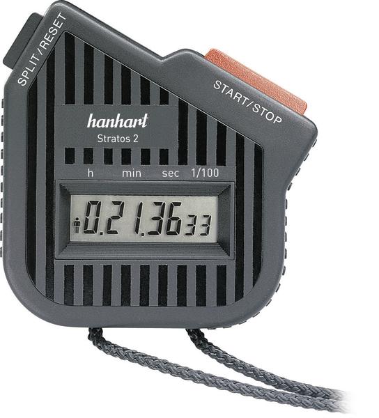 Digitaler Hanhart Stratos 2 Stoppuhr mit schwarzem Gehäuse und rotem Start/Stopp-Knopf.