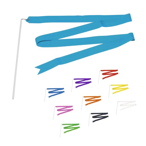 Blauer Tanzstab mit langen Bändern und bunte Tanzbänder in verschiedenen Farben auf weißem Hintergrund.