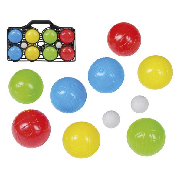 Bunte Boccia-Kugeln in Rot, Blau, Gelb und Grün mit Tragetasche und kleinen weißen Zielkugeln.