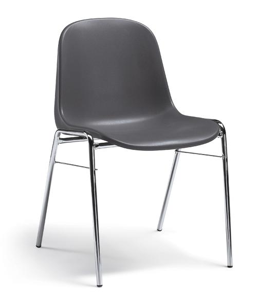 Grauer Kunststoffstuhl mit verchromten Metallbeinen, modernes minimalistisches Design.