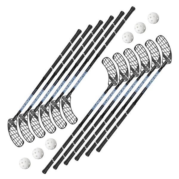 Set aus mehreren Unihockey-/Floorballschlägern mit passenden Kunststoffbällen für Mannschaftsspiele und Training.