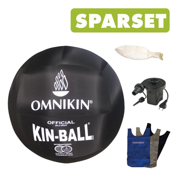Kin-Ball Set mit schwarzem Ball, Pumpe, Ersatzballon und Spielwesten für Teams.