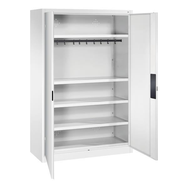 Weißer Metallschrank mit vier Regalböden und Kleiderstange, offene Türen.