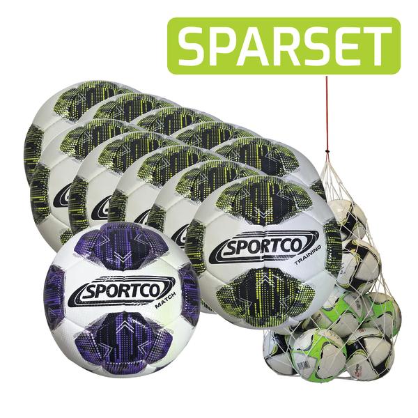 Fußball-Sparset mit mehreren weiß-grün-schwarzen SPORTCO Trainingsbällen, einem weiß-blau-schwarzen Matchball und einem Ballnetz. Oben steht „SPARSET“ in weißer Schrift auf grünem Hintergrund.