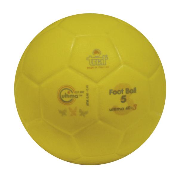 Gelber Fußball Größe 5 mit schwarzer Beschriftung vor weißem Hintergrund.