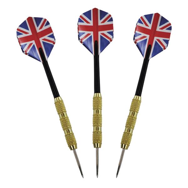 Drei Darts mit Union Jack-Flagge auf den Flights und goldenen Griffen, weißer Hintergrund.