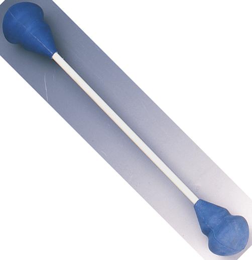 Blauer Gummihantel mit weißem Stab, Fitnessgerät für Krafttraining und Rehabilitation.