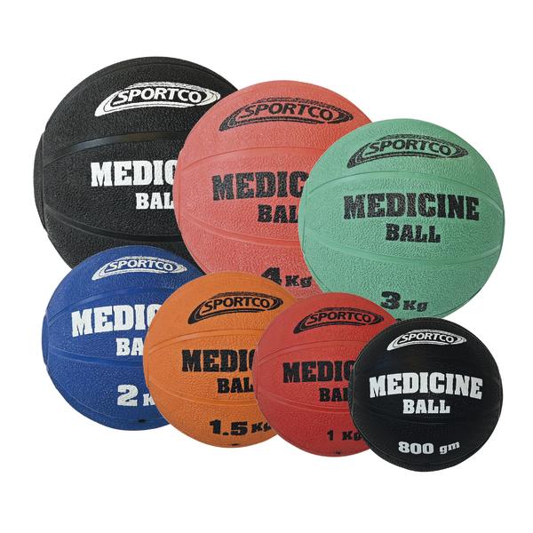 Verschiedene bunte Medizinbälle von Sportco in unterschiedlichen Gewichten für Fitness und Training.