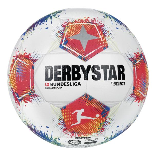 Rückseite weißer DERBYSTAR Bundesliga Brillant Replica Fußball mit rot-blauem Grafikdesign, Bundesliga-Logo und markantem DERBYSTAR-Schriftzug auf strukturierter Oberfläche