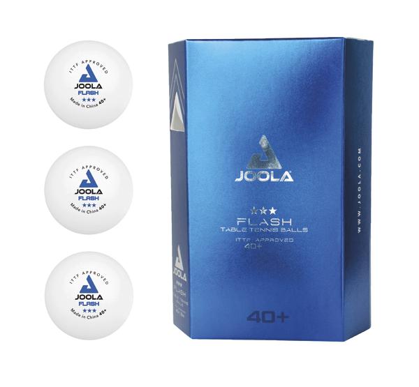 Drei weiße JOOLA Flash Tischtennisbälle neben blauer Verpackung, ITTF-zertifiziert 40+