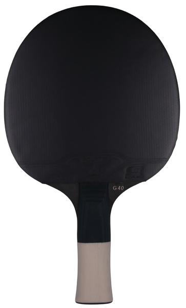 Schwarzer Tischtennisschläger mit hellem Griff und glatter Schlagfläche, freigestellt.