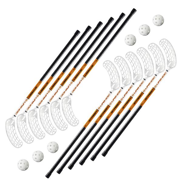 Set mit 12 Unihockey-Schlägern und 6 weißen Unihockey-Bällen auf weißem Hintergrund.