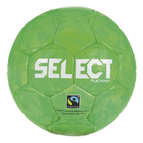 Grüner SELECT Tucana Handball mit geometrischem Ton-in-Ton-Muster und weißem SELECT-Schriftzug. Auf dem Ball befindet sich zusätzlich ein Fairtrade-Siegel. Der Handball ist vor weißem Hintergrund abgebildet.
