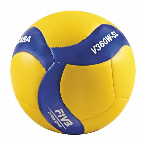 Gelb-blauer Mikasa V360W-SL Volleyball mit FIVB-Logo, offizieller Spielball.