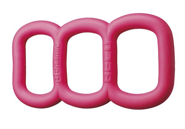 Drei pinke, ineinander verschlungene Trainingsringe aus Kunststoff für Fitnessübungen.