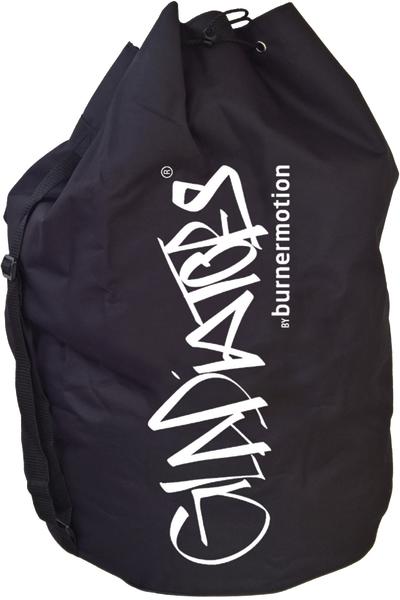 Dunkler Aufbewahrungsbeutel mit „Gladiators“-Aufdruck.