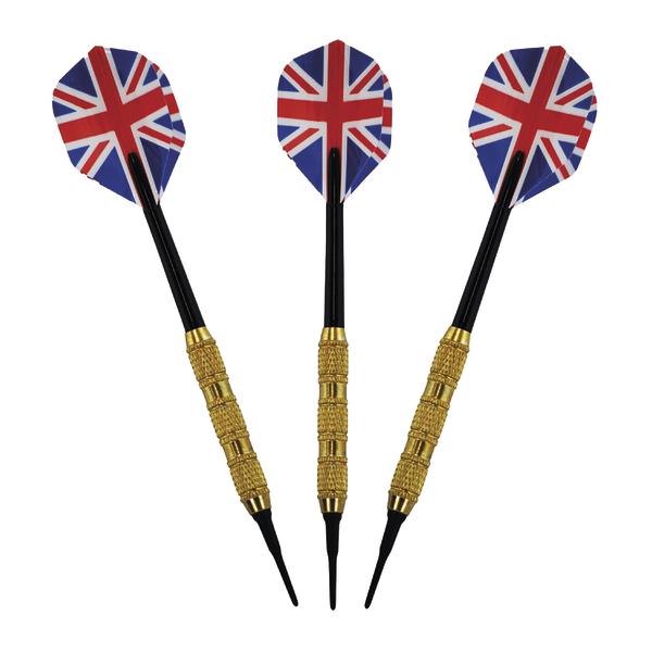Drei Dartpfeile mit Union Jack-Flagge auf den Flights und goldenen Griffen.