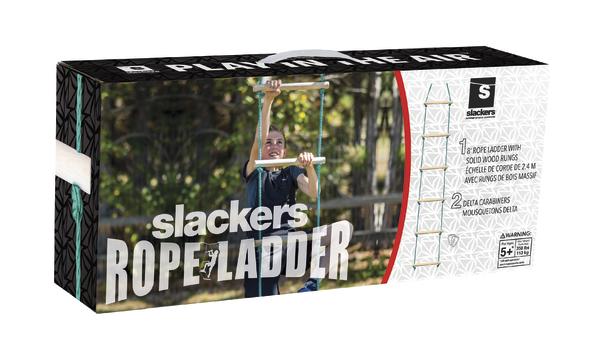 Slackers Rope Ladder mit stabilen Holzstufen für Outdoor-Spiel und Klettern.