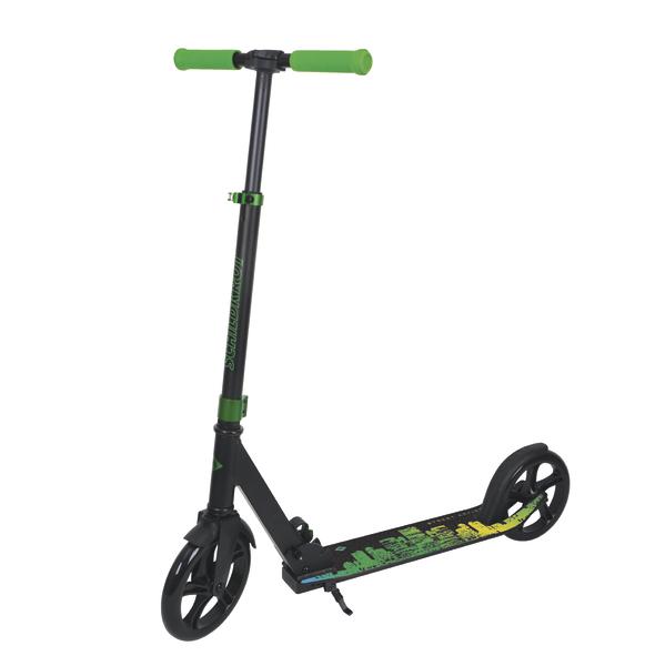 Klappbarer City-Scooter mit grünem Griff, großem Vorderrad und schwarzem Rahmen für Erwachsene.