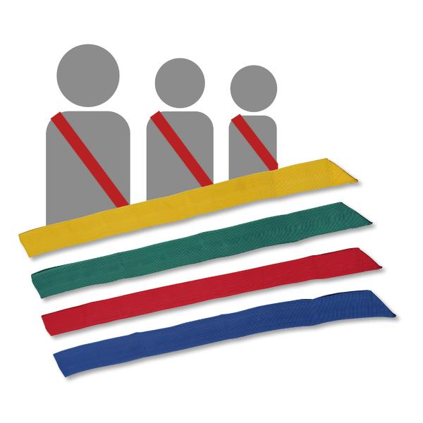 Bunte Sicherheitsgurte in Gelb, Grün, Rot und Blau mit Symbolen von Personen.