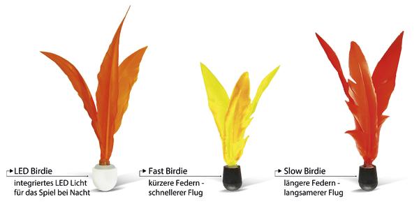 LED Birdie mit integriertem LED-Licht für Nachtspiel, orange Federn. Fast Birdie mit kurzen gelben Federn für schnellen Flug. Slow Birdie mit langen roten Federn für langsamen Flug