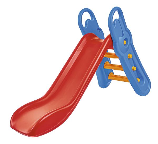 Kinderrutsche aus Kunststoff in Rot und Blau mit Leiter und Klettergriffen, Spielplatzgerät.