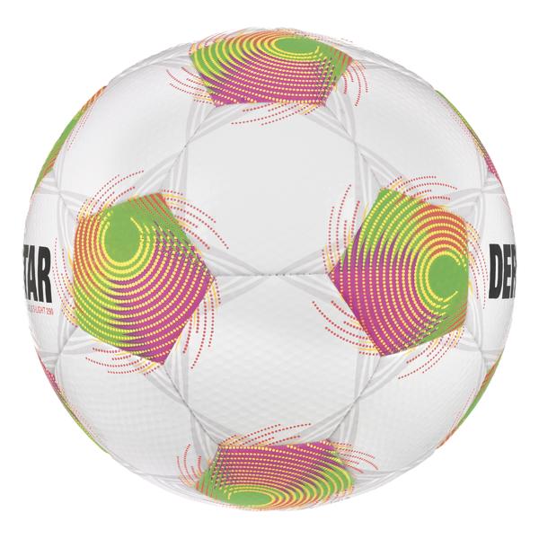Weißer DERBYSTAR Apus S-Light 290 Fußball mit grün-pink-gelbem-orangenem Spiraldesign, strukturierter Oberfläche seitliche Ansicht
