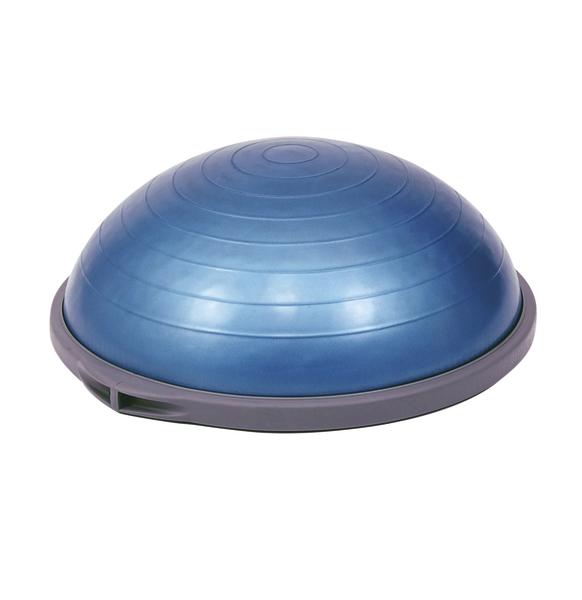 Blaues Balance-Trainingsgerät mit halbrunder Oberfläche und grauem Standfuß für Fitnessübungen.