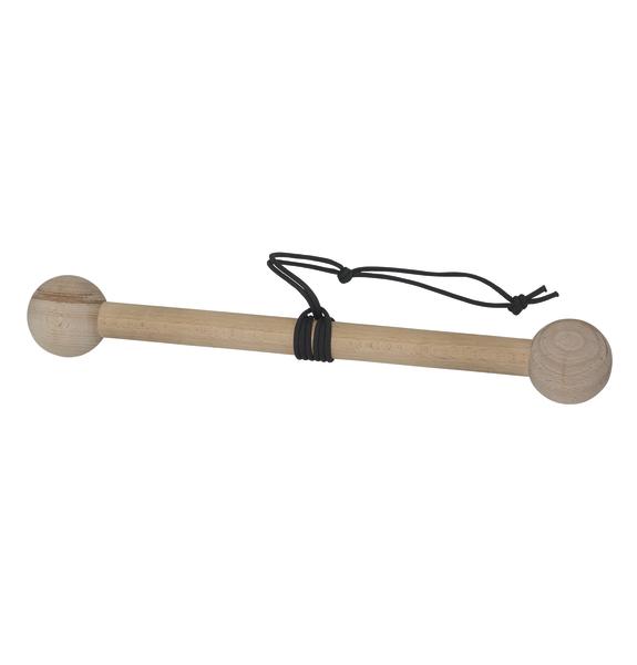 Holzstab mit Kugelenden und schwarzem Lederband, traditionelles Massagegerät.