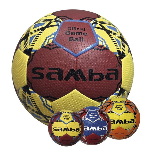 Mehrere SAMBA „Official Game Ball“ Handbälle in verschiedenen Farbvarianten und Größen, mit strukturierter „Top Grippy“-Oberfläche.